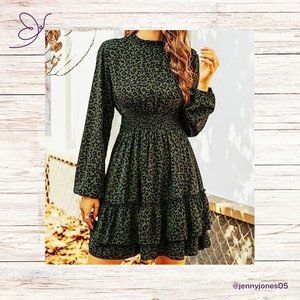 CUPSHE Green Leopard Long-Sleeve Tiered Flounce Hem Dress NWT Size Small